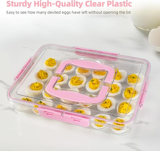 Deviled Egg Containers with Lid and Handle, Durable Clear Plastic Deviled Egg Carrier Storage 24 Eggs, Stackable Egg Holder for Fridge, Portable Tray Platter for Party & Picnics-1 Pack Pink