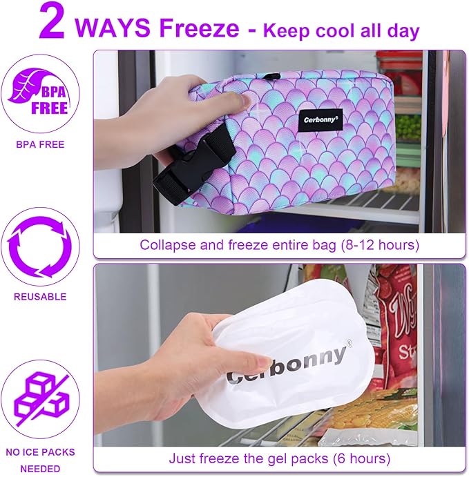 Cerbonny Freezable Cooler Bag for Work/School/Travel - Kids/Adult Size, Fit Snacks & Yogurt - Purple Fish Design
