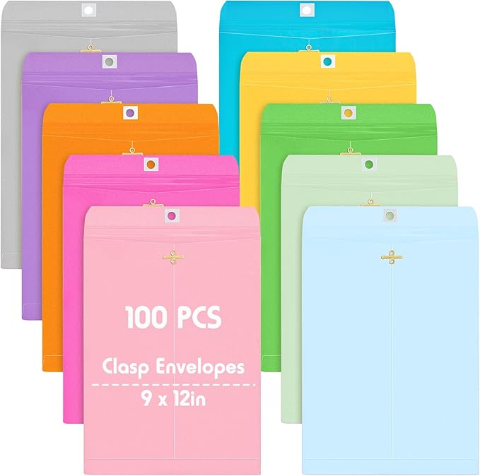 Geyee 100 Pcs Clasp Manilla Envelopes 9 x 12 Inch Gummed Colored Envelopes for Storing or Mailing for Home Office Business Supplies(Colorful)