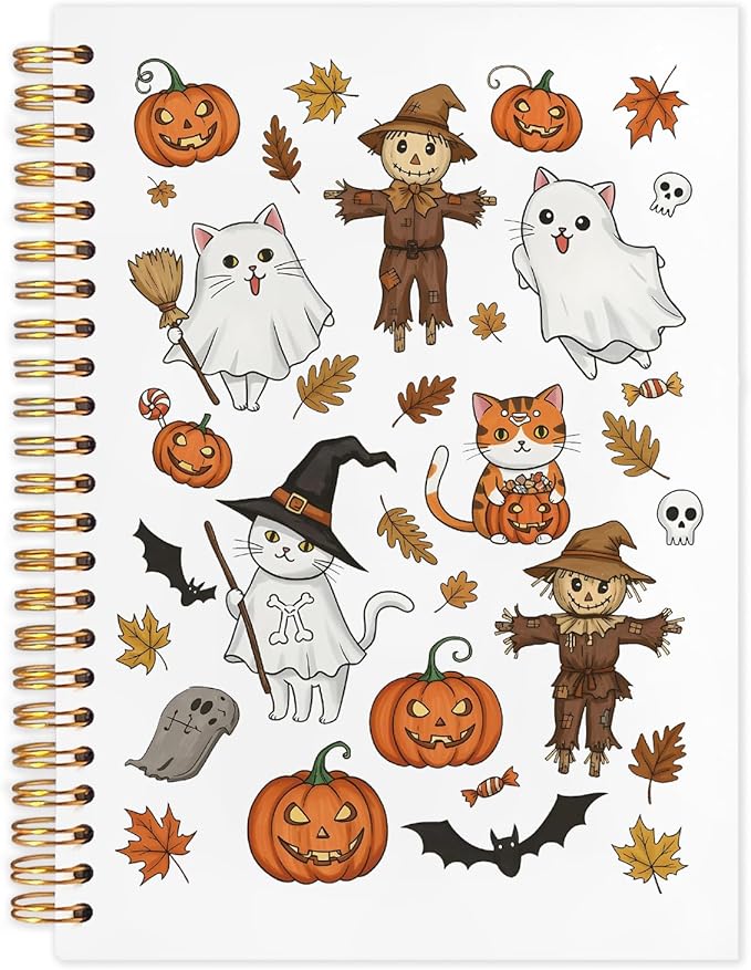 WUCHJ Halloween Notebook, Spooky Pumpkin Ghost Cat Bats Journal, Fall Maple Leaf Scarecrow Spiral Notebook Journal for Note Taking, Fall Halloween Office Supplies, 5.5x8.3 Inch