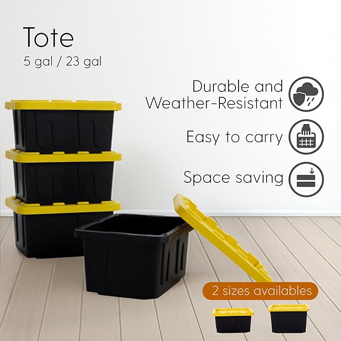 Plastic 5-Gallon Storage Tote with Lockable Lid, Stackable Tough Regular-Duty Bin for Garage, Tools, and Home Organization (2-Pack) - Black and Yellow