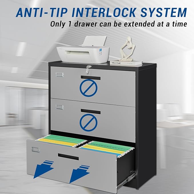 3 Drawer Lateral File Cabinet with Lock, Metal Steel Filling Cabinets for Home Office, Gray Lockable Storage Cabinet for Hanging Files Letter/Legal/F4/A4 Size-Assembly Required