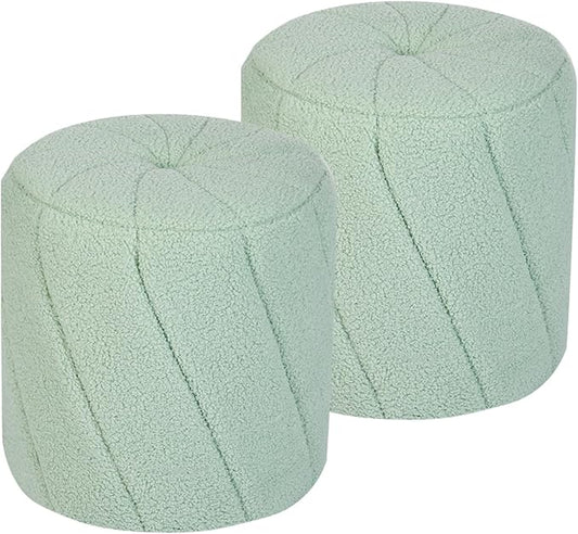 Modern Round Ottoman 2Pcs, Spiral-Tufted Foot Stool Ottoman, Teddy Fleece Upholstered Vanity Stool for Makeup, Bedroom, Living Room, Light Green