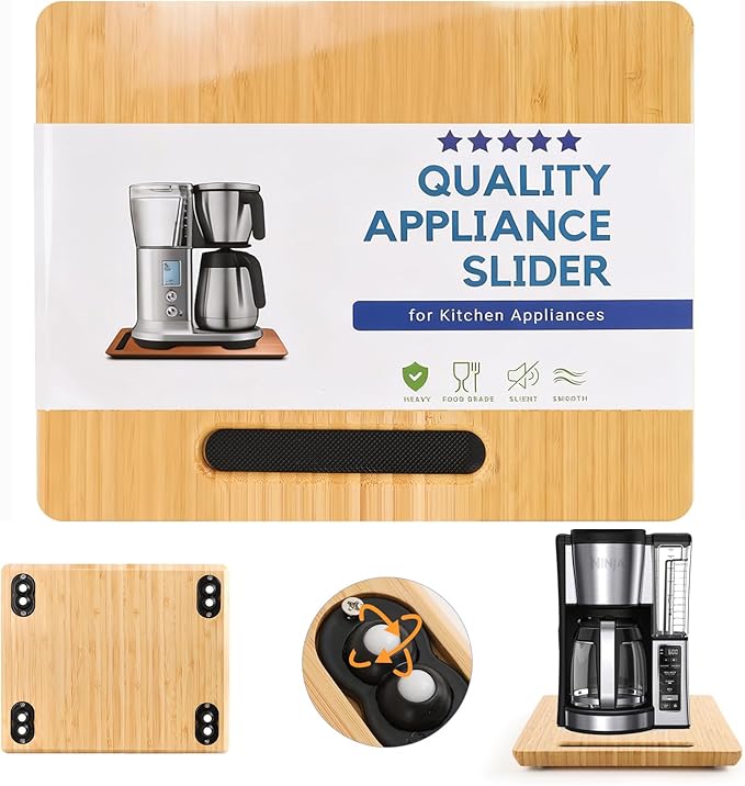Fullin 360°Appliance Slider, Bamboo Sliding Tray for Coffee Maker, Appliance Sliding for Kitchen Appliances Countertop Slides Easily from Under The Cabinet Rolling Tray with 360°Rotation Rubber Wheels