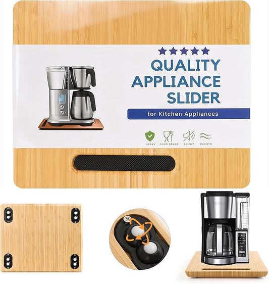 Fullin 360°Appliance Slider, Bamboo Sliding Tray for Coffee Maker, Appliance Sliding for Kitchen Appliances Countertop Slides Easily from Under The Cabinet Rolling Tray with 360°Rotation Rubber Wheels