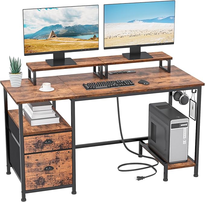Furologee 47" Computer Desk with File Cabinet and Power Outlets, Home Office Desk with 2 Monitor Stands and Storage Drawer, Writing Gaming Table with Shelves and 2 Hooks for Bedroom, Rustic Brown