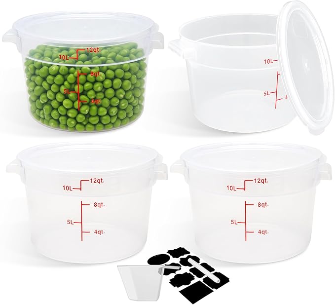 4 Pack Round Food Storage Containers with Lids, 12Qt Translucent Commercial Food Container, Polypropylene, BPA Free, Includes Labels & Measuring Cups