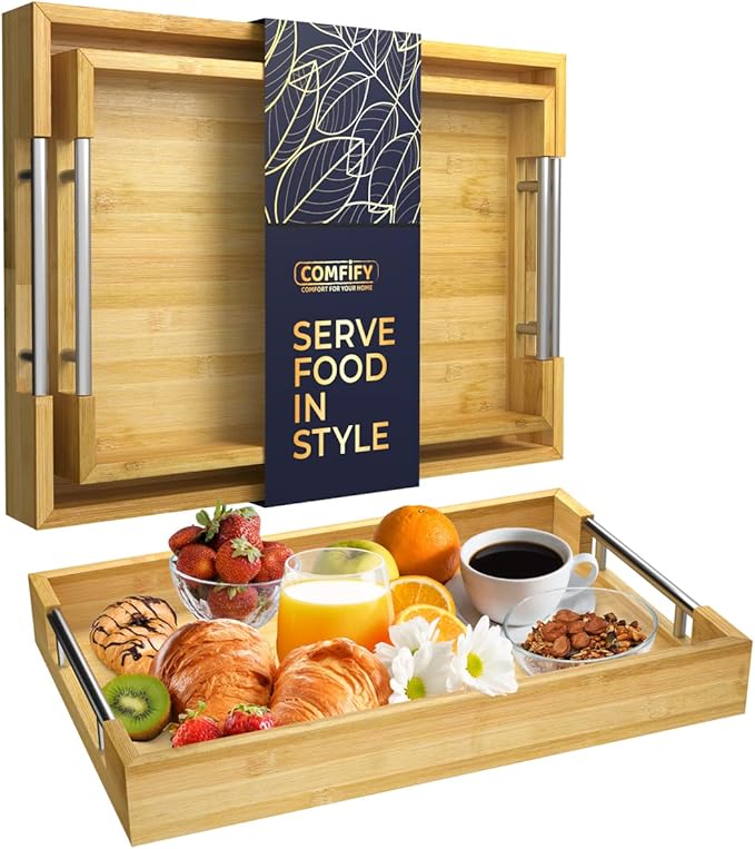 Decorative Bamboo Serving Trays with Silver Stainless Steel Handles – 2-Piece Set for Coffee Table, Ottoman, Breakfast in Bed, Jewelry & Decor Organization – 12"x17" – Pure Bamboo Finish