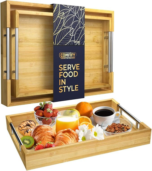 Decorative Bamboo Serving Trays with Silver Stainless Steel Handles – 2-Piece Set for Coffee Table, Ottoman, Breakfast in Bed, Jewelry & Decor Organization – 12"x17" – Pure Bamboo Finish