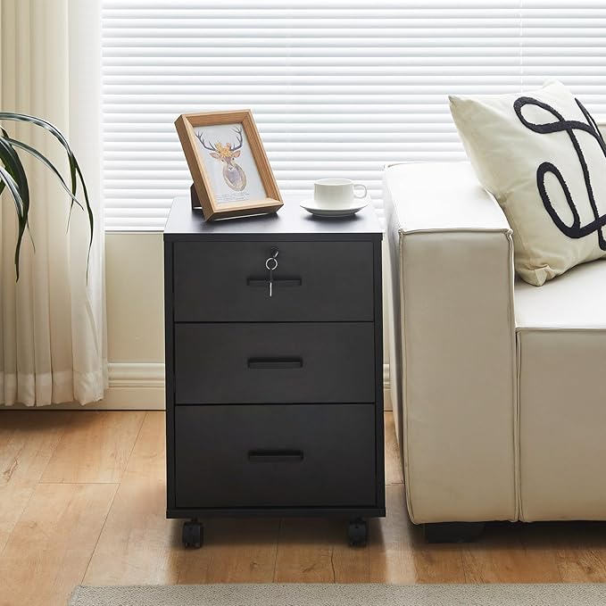 File Cabinet with Lock 3 Drawer Mobile Filing Cabinet with 360° Swivel Wheels, Under Desk Storage Cabinet Wooden File Organizer for Legal/Letter/A4 Documents, Home Office Storage (Black)