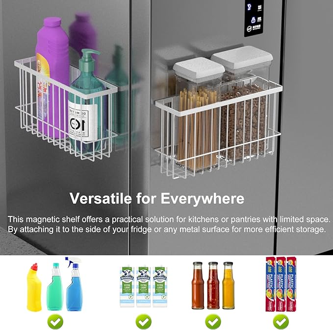 Magnetic Metal Basket Organizers, 2 Pack Large & Small, White, Strong Magnet Hanging Wire Storage Basket, Refrigerator/Whiteboard Classroom/Locker