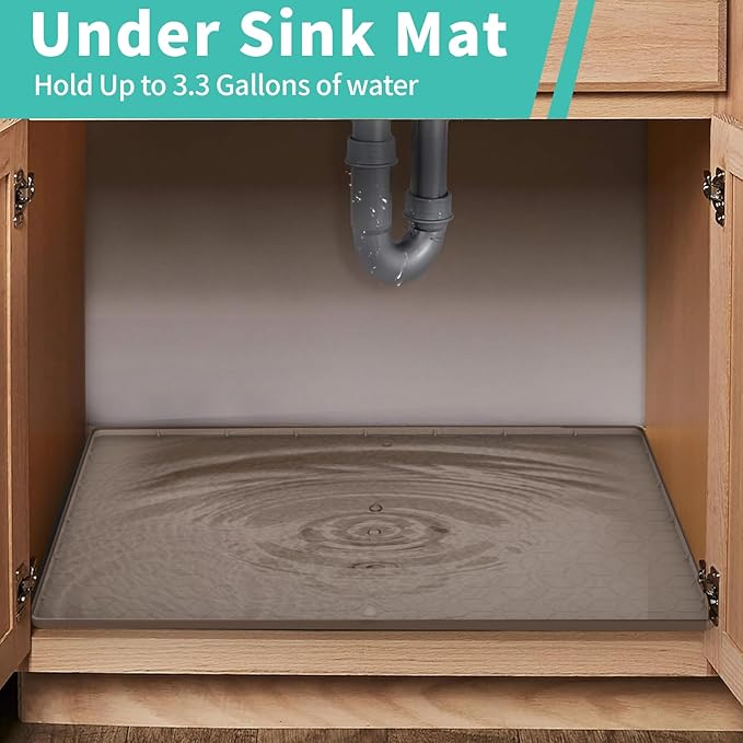 Under Sink Mat, 19"x22" Under Sink Mats for Kitchen, Silicone Waterproof Under Sink Liner, Sink Cabinet Organizer Tray with Drain Hole (Brown, 19X22)