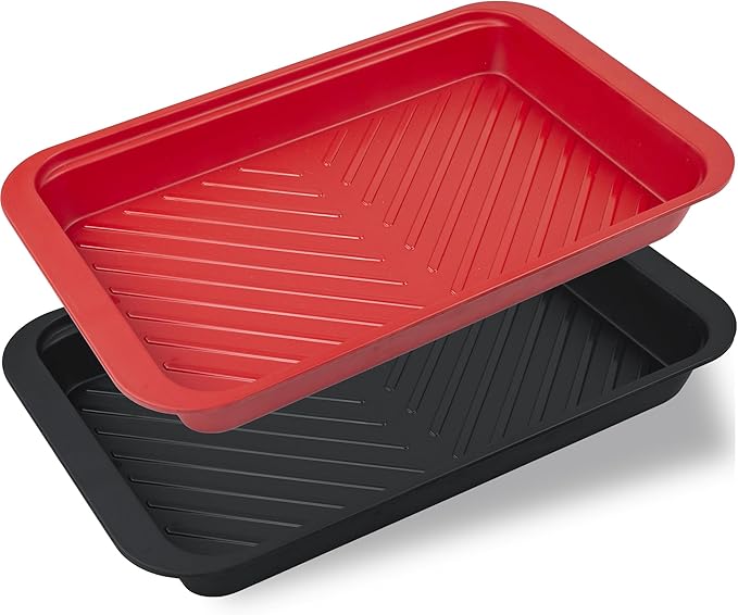 Deep Grilling and Prep Serving Tray, BBQ Trays for Raw and Cooked Food, Melamine Serving Trays for Food, Set of 2, Black and Red
