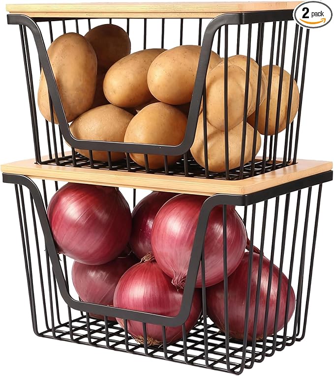 2 Pack Onion and Potato Storage Bins, Stackable Pantry Organizers Storage, Large Wire Storage Basket for Onion, Potato, Fruit, Vegetables