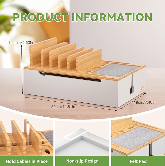 Pezin & Hulin Bamboo Charging Station, Electronic Devices Organizer for Multiple Devices Charger Such As Cell Phone, Tablet, Watch and More, Natural+White, (No USB Charger and Cables