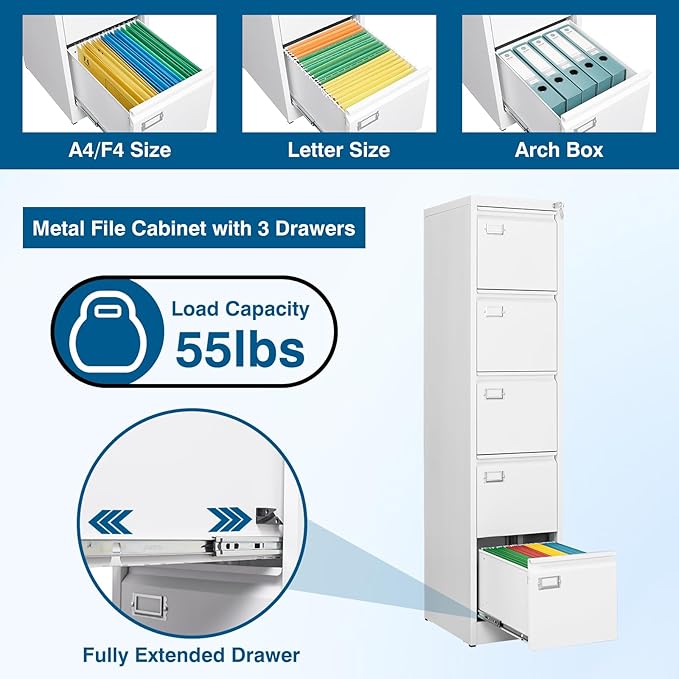 5-Drawer File Cabinet, 16.3" Deep Vertical Metal Filing Cabinet with Lock for Home Office, Anti-Tip 5 Storage Drawers for Letter/Legal/A4/F4 Size (Assemble Required, White)