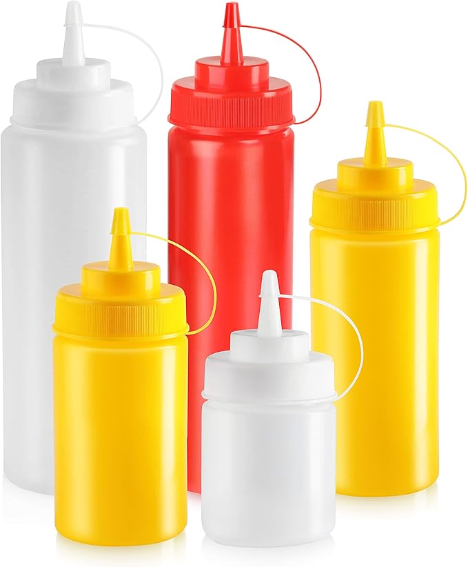 New Star Foodservice Squeeze Bottles, Plastic, Wide Mouth, 32 oz, Clear, Pack of 6