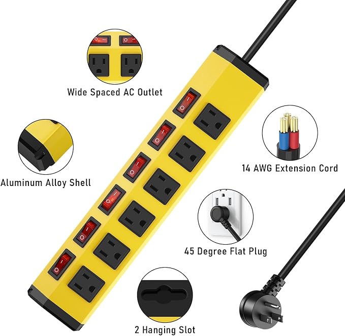 ANNQUAN 2PCS 6 Outlet Metal Power Strip with 6 Individual Switches,Heavy Duty Power Strip 1200J 15A 6FT Cord Home Office Industrial Commercial Shop