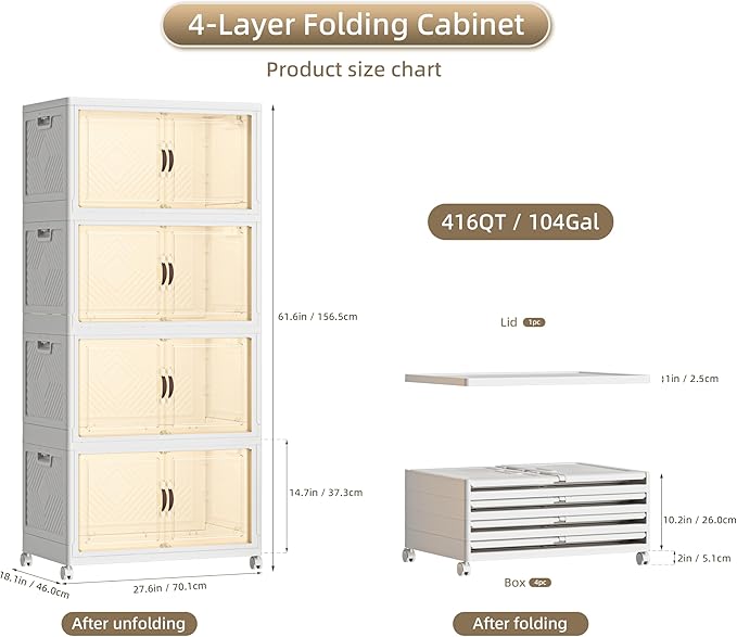 416 QT / 104 Gal Large Foldable Stackable Plastic Storage Cabinet with Double Magnetic Doors, Leather Handles & 4 Wheels - Organize Home, Office, Closet