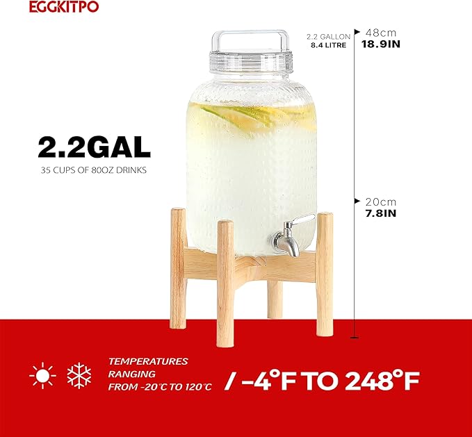 EGGKITPO 2.2 Gallon Drink Dispensers with 304 Stainless Steel Spigot for Parties Lemonade Dispenser with Wood Bracket Clear Cover Polycarbonate Beverage Dispenser for Home Use