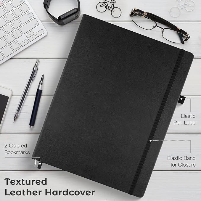 College Ruled Notebook, A4 Hardcover Leather Notebook for Work, Lined Notebook Journal for Women, Men, 192 Thick Paper, Lay Flat, Large Notebook with 2 Pockets, Professional Business Notebook, Black