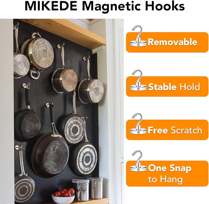 MIKEDE Magnetic Hooks Heavy Duty, 170LB+ Strong Neodymium Magnets with Hooks for Refrigerator, Large Magnetic Hooks with Epoxy Coating for Hanging, Home, Workplace - 10 Pack