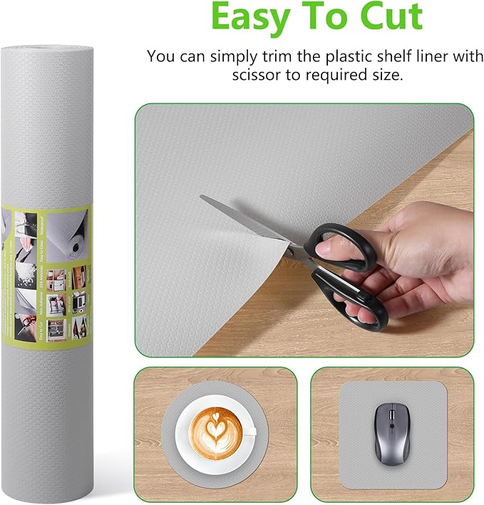 Light Gray Shelf Liners for Kitchen Cabinets Non Adhesive Drawer Liner for Bathroom Waterproof Refrigerator Liners for Shelves Fridge Plastic Mats Cabinet Cupboard Liner 11.8 x 236.2 Inches x 2 Rolls