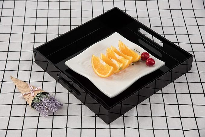 Glossy Black Sturdy Acrylic Serving Tray with Handles - 12x12 Inch Multipurpose Tray for Coffee, Appetizers, Breakfast, and More