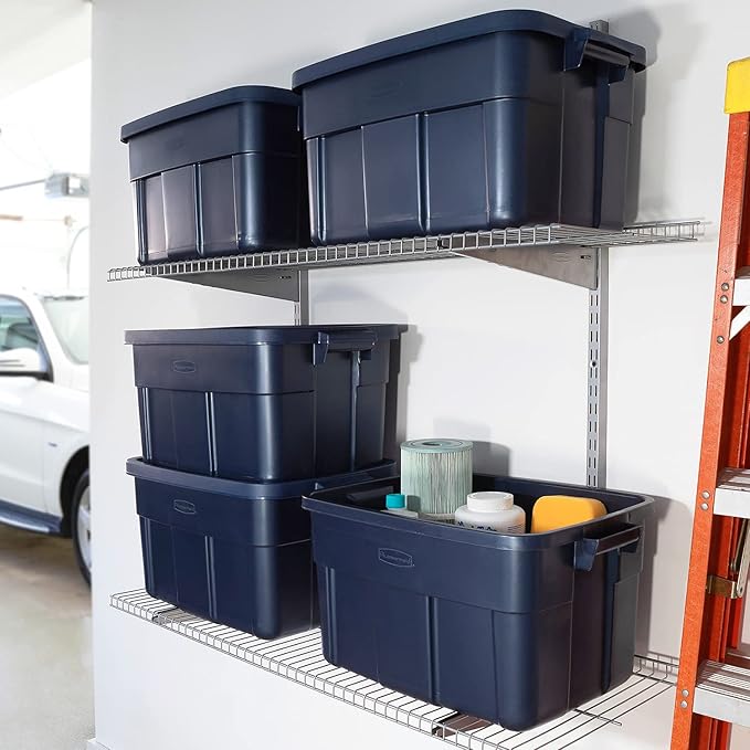 Rubbermaid Roughneck Tote 14 Gal, 6 Pack, Made in USA, Dark Indigo Metallic, Rugged Plastic Stackable Storage Bins with Lids and Handles