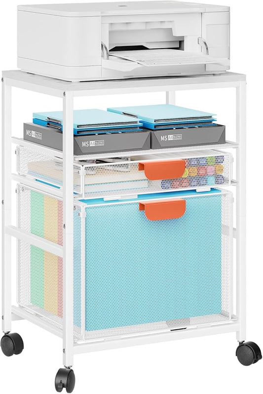 Marbrasse Rolling File Cart with Handle, Mobile File Cabinet on Lockable Wheels, Office Filing Cabinet Organizer, Printer Stand with Hanging File Folder Organizer for Home Office - White