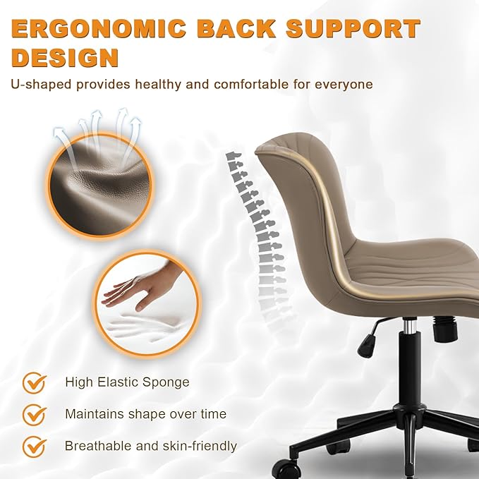 Office Chair, Armless Desk Chair with Wheels, Ergonomic Comfy Home Office Computer Task Chairs,Faux Leather Padded Cute Vanity Chair, Adjustable Height Swivel Chair with Back, Khaki