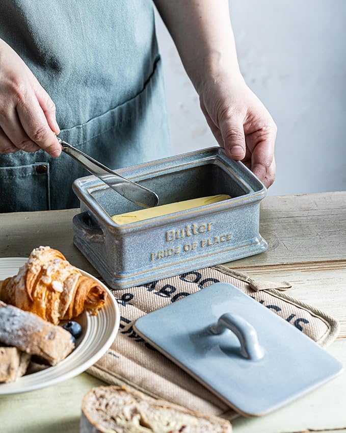 Butter Dish with Lid, Ceramic Butter Holder Container Large Butter Dish for Countertop Farmhouse Thanksgiving Christmas Decor Butter Keeper for East West Coast Butter, Gray