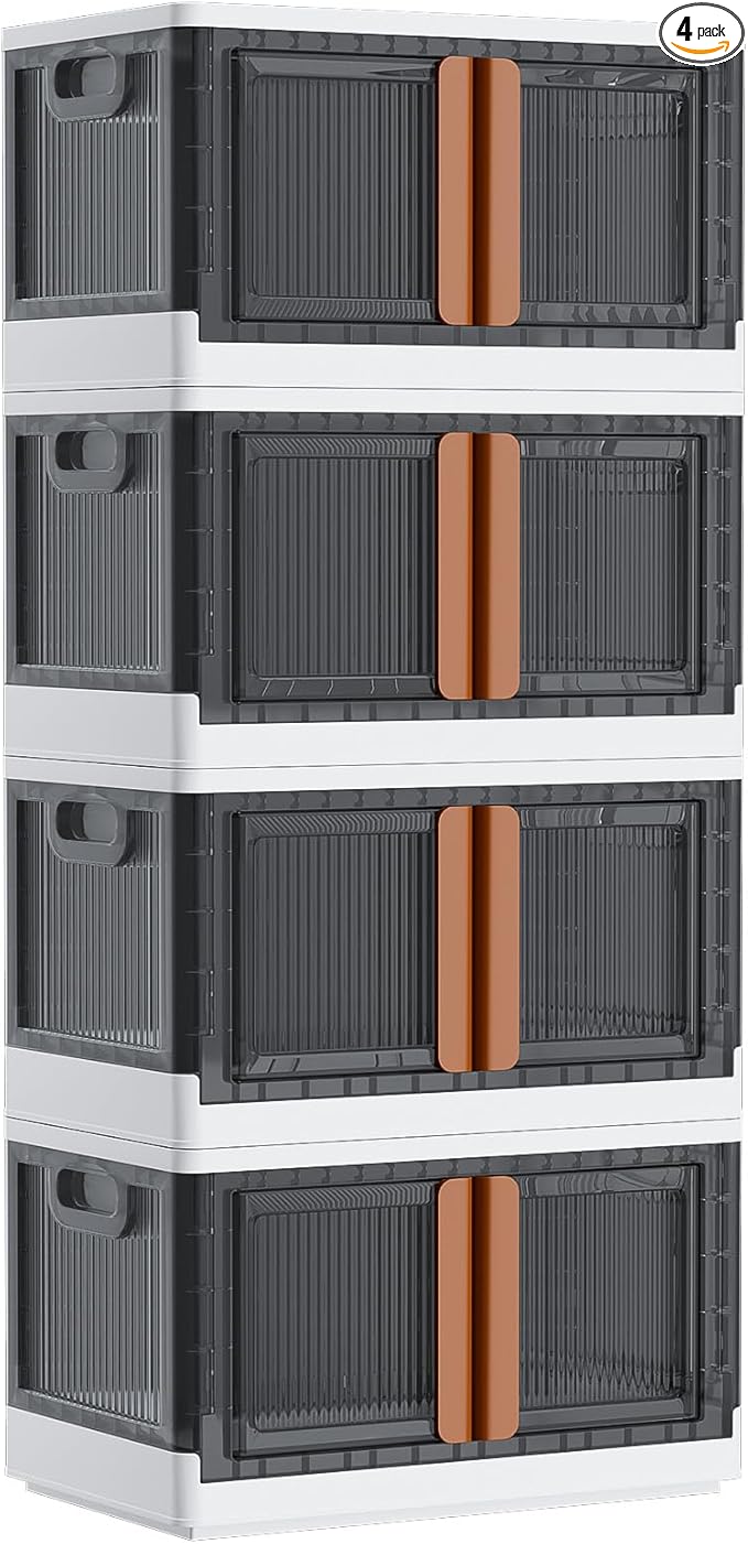 LCG 4-Tier Foldable Plastic Storage Bins with Lids and Doors, 76 Gallon (19 Gal x 4pack), Stackable Organizer Drawer (Extra Large)