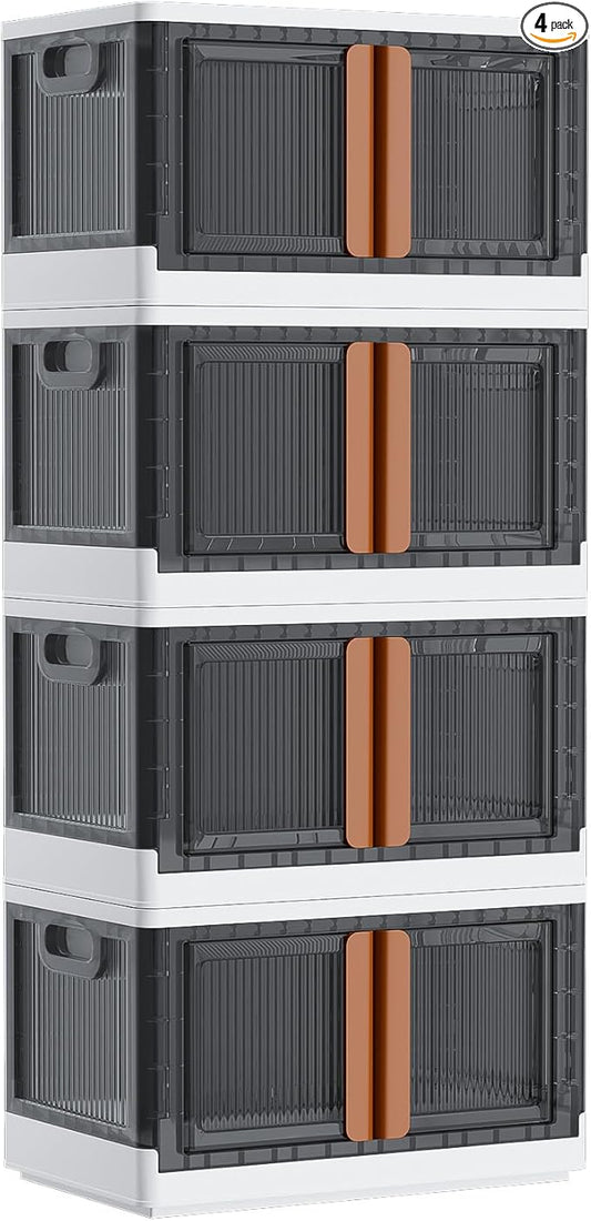 LCG 4-Tier Foldable Plastic Storage Bins with Lids and Doors, 76 Gallon (19 Gal x 4pack), Stackable Organizer Drawer (Extra Large)