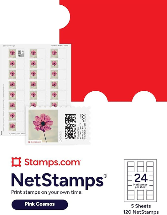 Pink Cosmos NetStamps 120-Pack (5 Sheets) Printable Postage Labels (Stamps.com Subscription Required) - Print Approved Postage - Inkjet & Laser Printers - Business, Personal, Home