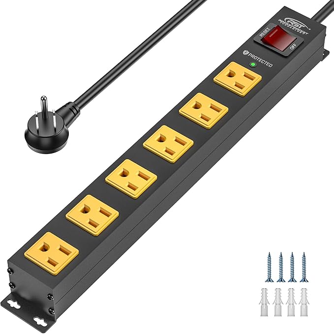 CRST 6 Outlet Surge Protector Power Strip 2100J with Switch, 15A/1875W Metal Heavy Duty Power Strip, Wide Spaced Wall Mount Power Bar for Garage Worshop Home School, 6 FT Cord（ Black+Yellow）