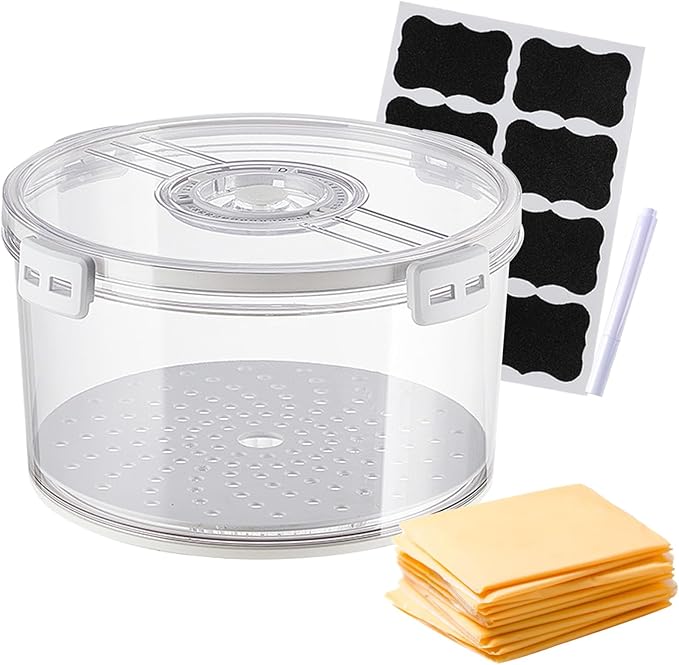 Cheese Container for Refrigerator,Cheese Keeper with Airtight Lid and Time Recording,Cream Block Shredded Cheeses Storage Box,Sliced,Grated,circle Cheddar Cheeses Box for Fridge,kitchen