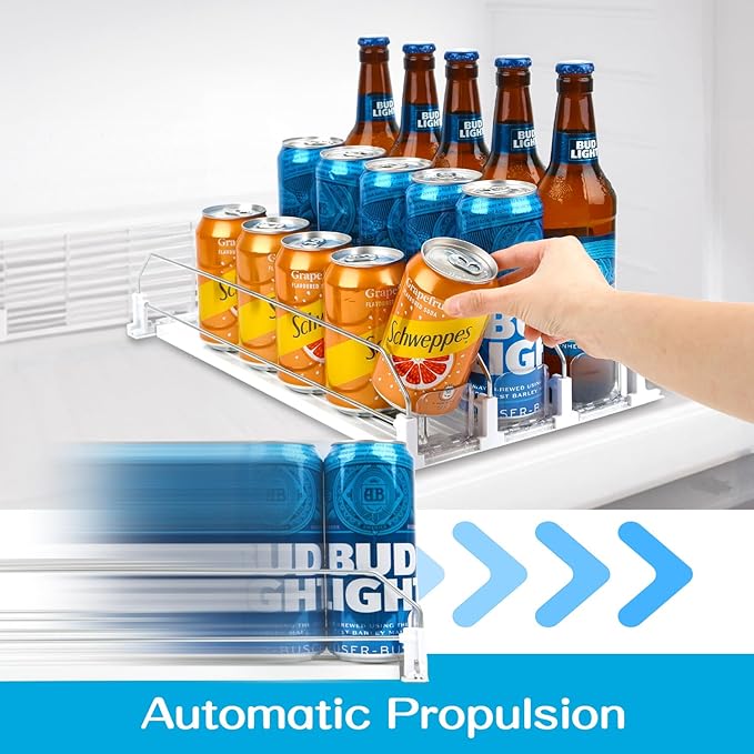 Soda Can Dispenser for Refrigerator, 3 Row Self-Pushing Rack, Fits up to 15 Cans, Width Adjustable Beverage Storage Rack, 15inch White