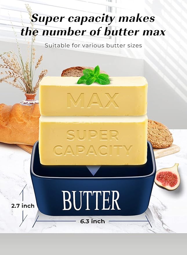 Butter Dish with Lid: Large Butter Container for Countertop - Ceramic Butter Holder for Counter - Butter Tray Butter Keeper with Knife and Sponge Scrubber - Perfect for 2 Sticks of Butter Blue