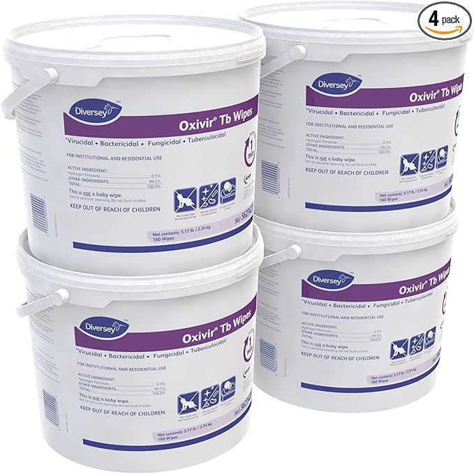 Oxivir Diversey Tb 5627427 Ready-to-Use Disinfectant Cleaning Wipes, Accelerated Hydrogen Peroxide, 11x12-Inch Extra Large Sheets, 160-Wipes, 1-Bucket (Pack of 4)
