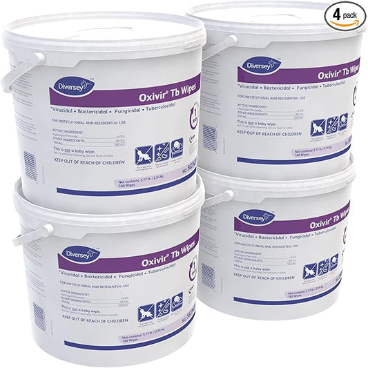 Oxivir Diversey Tb 5627427 Ready-to-Use Disinfectant Cleaning Wipes, Accelerated Hydrogen Peroxide, 11x12-Inch Extra Large Sheets, 160-Wipes, 1-Bucket (Pack of 4)