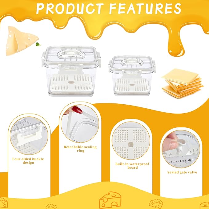 Cheese Container for Refrigerator,2 Pack Cheese Keeper with Airtight Lid and Time Recording,Cream Block Shredded Cheeses Storage Box,Sliced,Grated,Cheddar Cheeses Box Keeper for Fridge,kitchen
