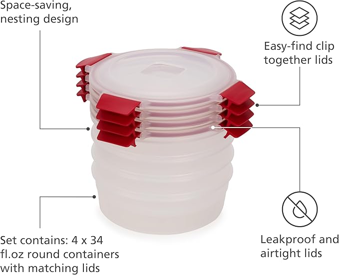 Joseph Joseph Nest Lock 8-piece Plastic BPA Free Round Food Storage Container Set with Lockable Airtight Leakproof Lids - Red