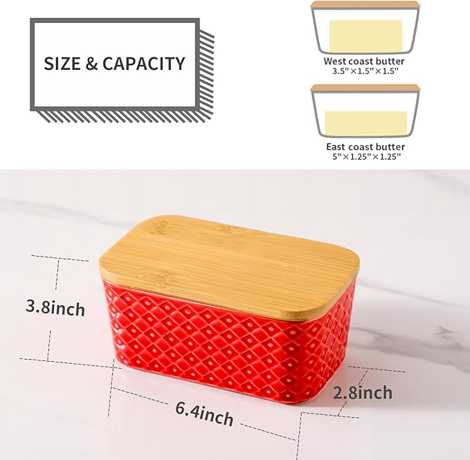 Hasense Ceramic Butter Dish with Lid, Large Butter Holder for Countertop Airtight Butter Stick Covered Keeper, Red Embossed Pattern Design,Holiday Gift