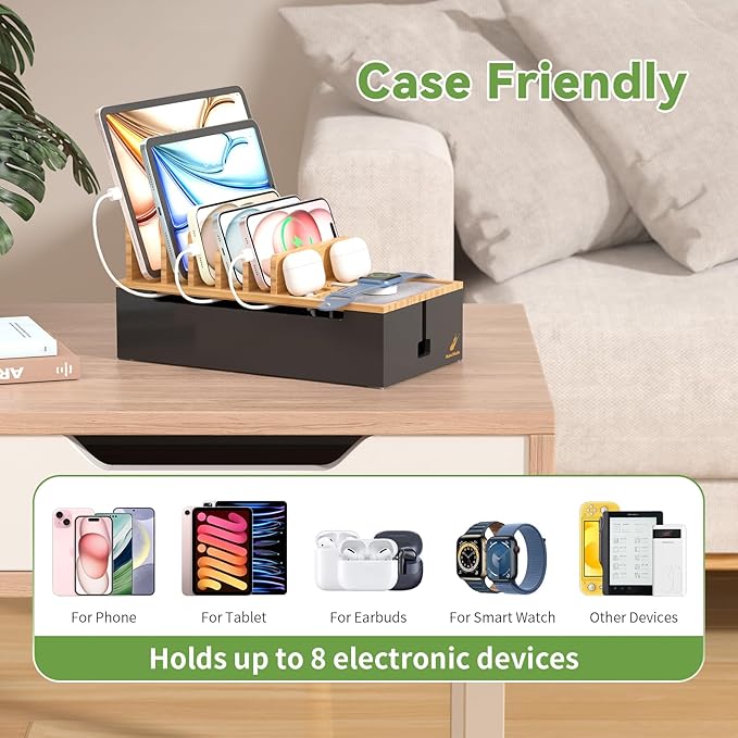 Pezin & Hulin Cable Management Box, Docking Station for Multi Devices, with 5 Ports Charge Adapter and 6 Cables, Wire Organizer for Cords, Box to Hide Cords and Storage Power Strip -Natural + Black