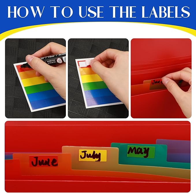 Glenmal 10 Pcs 7 Pocket File Folders File Organizer Expanding Folder with Labels Plastic Expandable Folder Pocket Folder A4 Letter Size Paper Organizer Folder for Office(Red, Black, Blue)