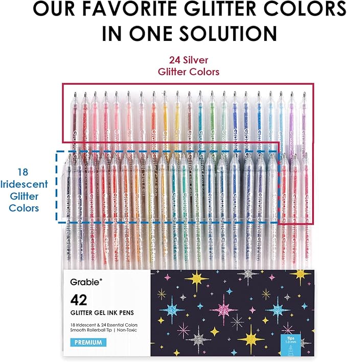 Grabie 42 Glitter Gel Pen Set, 18 Iridescent&24 Essential Color Pens, Smooth Rollerball Tip, Metallic Sparkly Gel Pens for Coloring (42 Colors Capped Glitter Gel Pens)