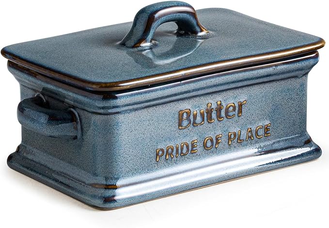 Butter Dish with Lid, Porcelain Butter Dish for Countertop Large Butter Keeper Butter Holder Container for East West Coast Butter, Farmhouse Decor for Thanksgiving Christmas, Blue