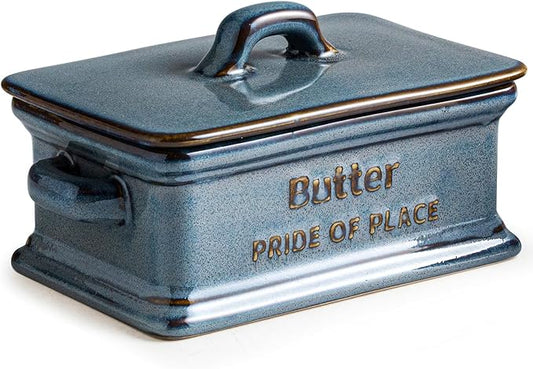 Butter Dish with Lid, Porcelain Butter Dish for Countertop Large Butter Keeper Butter Holder Container for East West Coast Butter, Farmhouse Decor for Thanksgiving Christmas, Blue