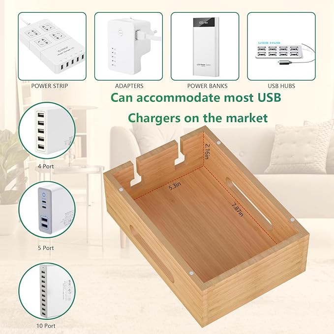 Bamboo Charging Stations for Multi Devices with 5 Port USB Charger, 6 Cables, Desktop Wood Docking Station Charger Organizer for Cell Phones, Tablets,Earphone, Watches